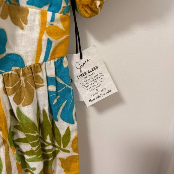 Japna Midi Dress Off white blue green Floral Size XS NWT Puffy Sleeves Linen - Picture 4 of 9